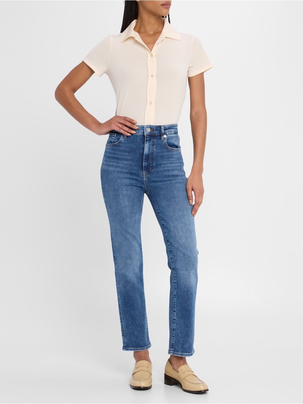 Frame The Pencil Crop Classic High-Rise Straight Leg Jeans in Blue